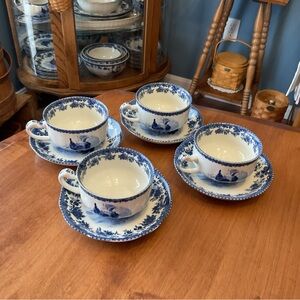 William James Farmyard Rooster Blue and White toile teacup set of 4